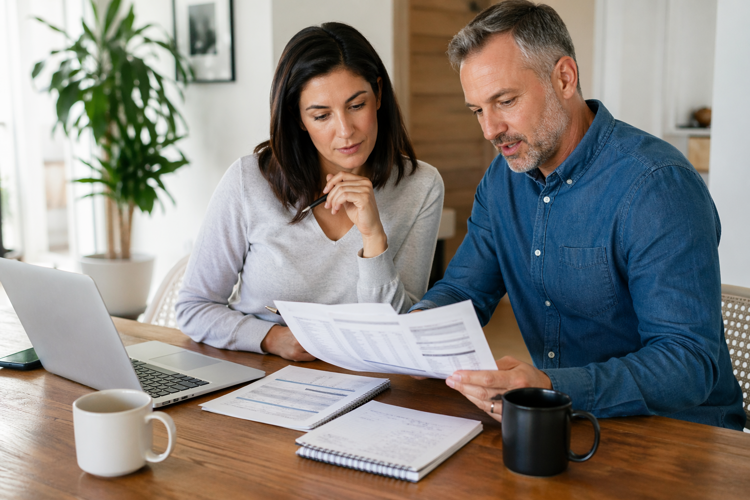 Quiet planning table with adults comparing health insurance documents thoughtfully
