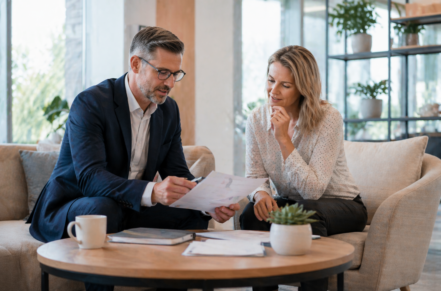 Calm consultation area where adults discuss health plan choices confidently